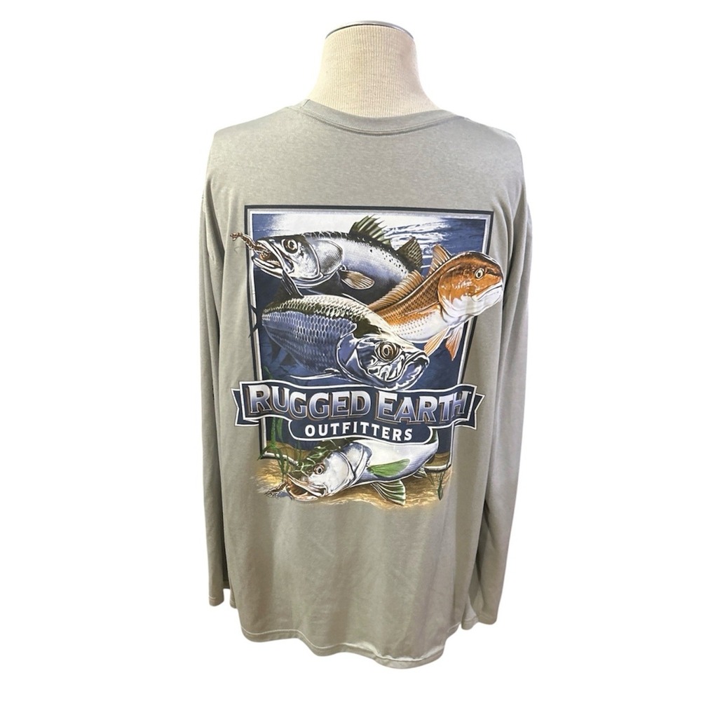 Rugged Earth Outfitters Fishing T Shirt Mens XXL Grey Long Sleeve Fish Graphic